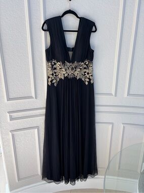 Betsy & Adam Black Maxi Dress with Gold Floral Embroidery